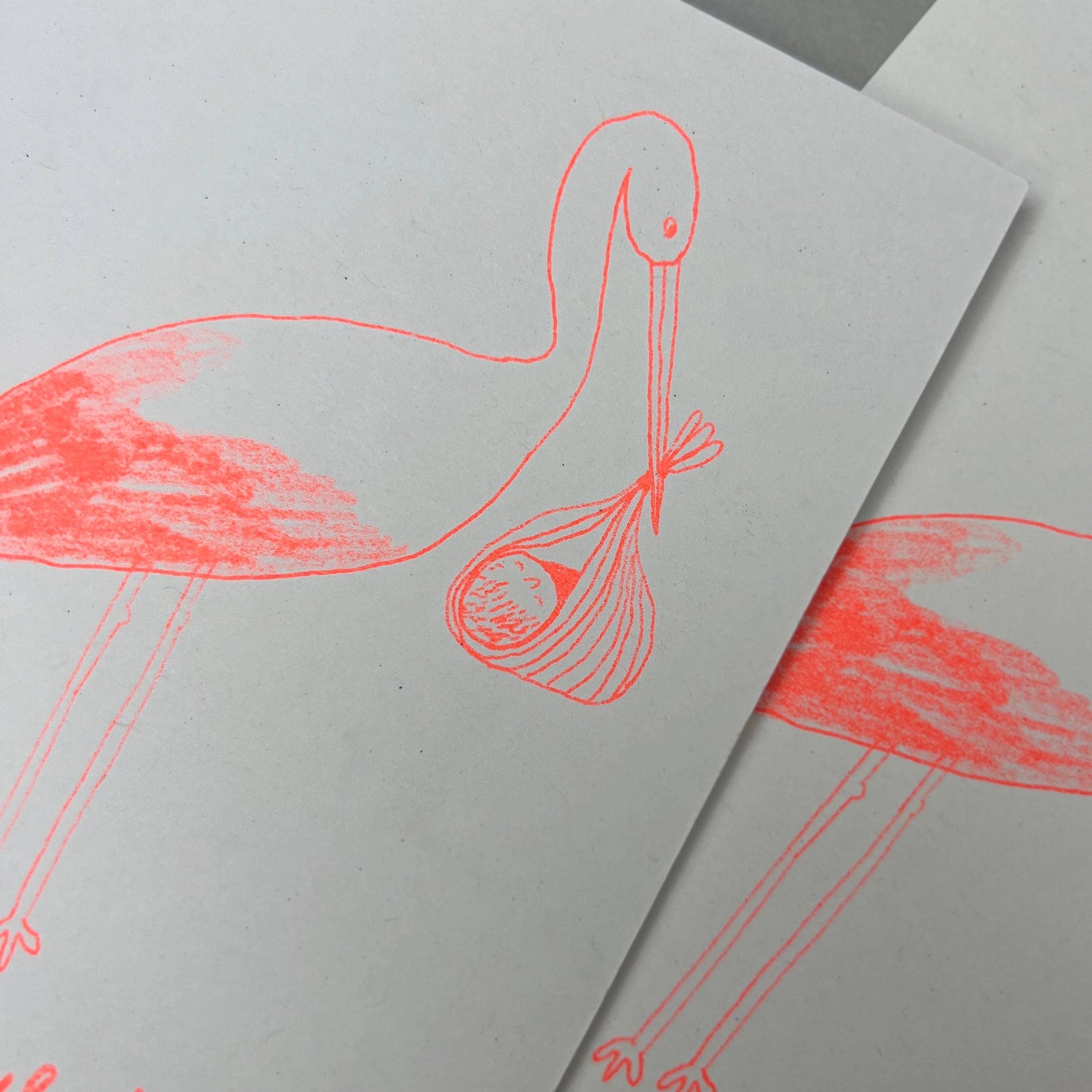 Stork New Baby Card | Risograph Printed | Fluorescent Orange