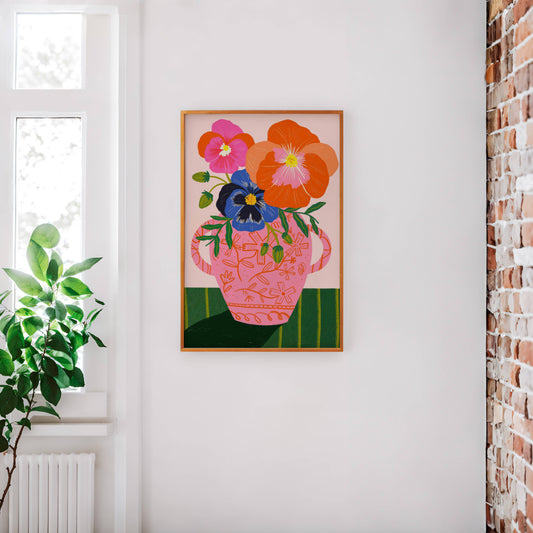 Pansies in Antique Vase Art Print Pink Green Floral Vintage