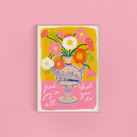 Find joy flowers in antique vase art print | Floral Wall Dec