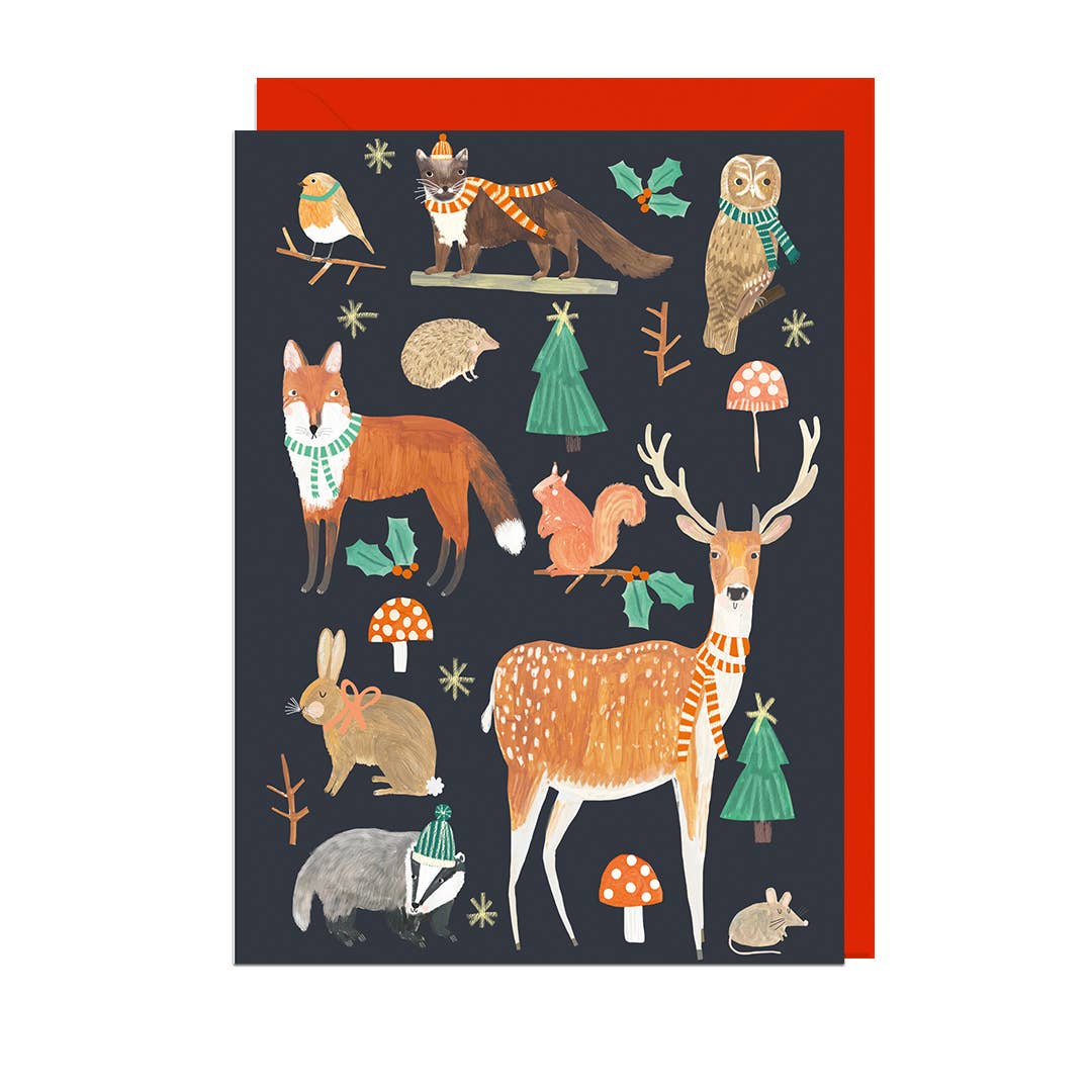CHRISTMAS FOREST ANIMALS - RED ENVELOPE Card