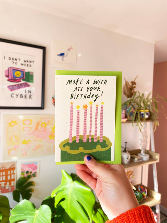 Make a Wish Green Cake Birthday Greeting Cards | Bday Sister