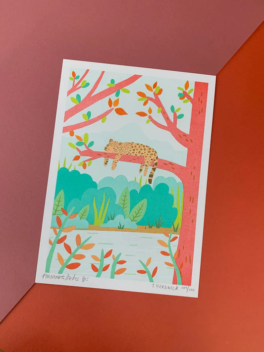 Sneaking in a Nap - Jaguar on Branch- A4 Art Print