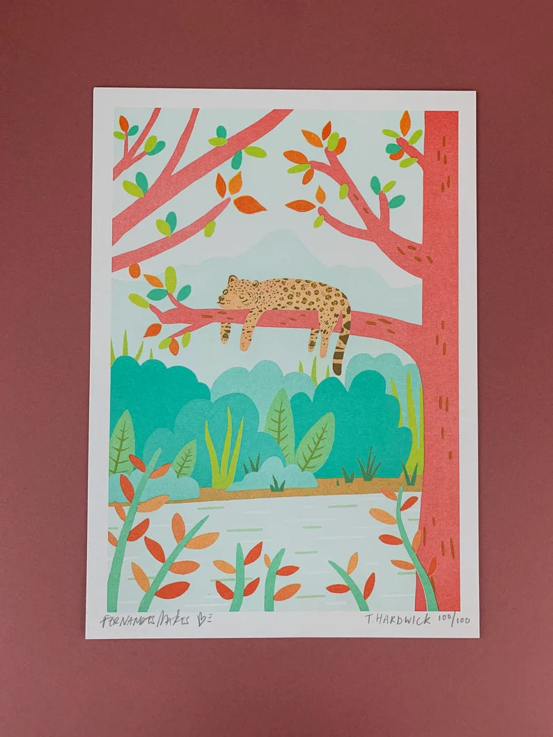 Sneaking in a Nap - Jaguar on Branch- A4 Art Print