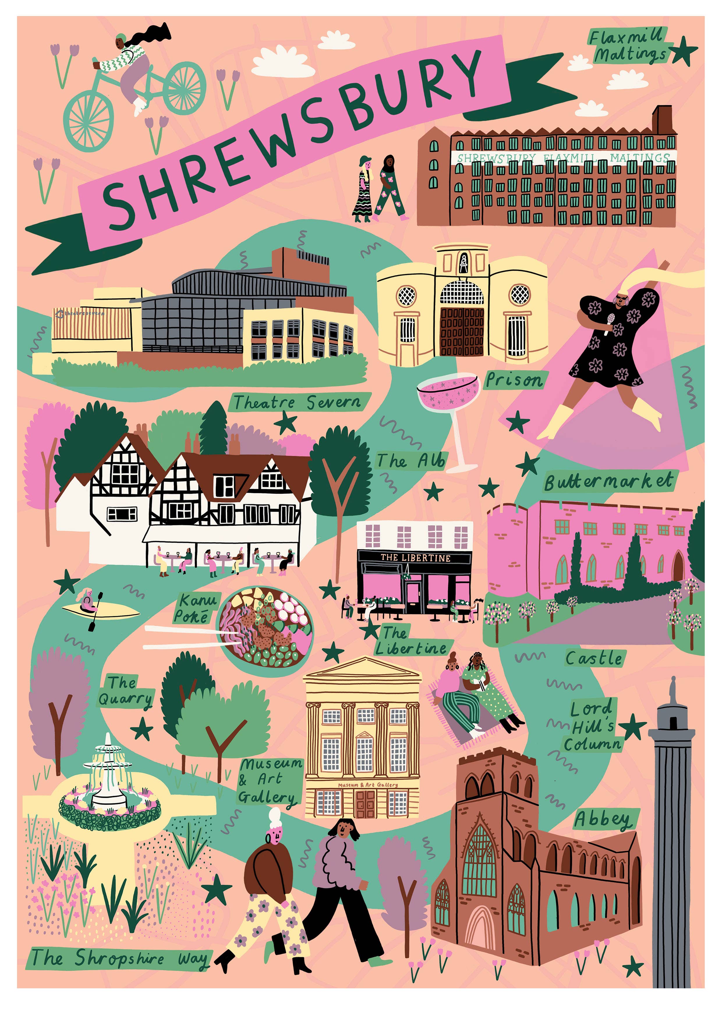 Shrewsbury Illustrated Map Print Flock And Gaggle 