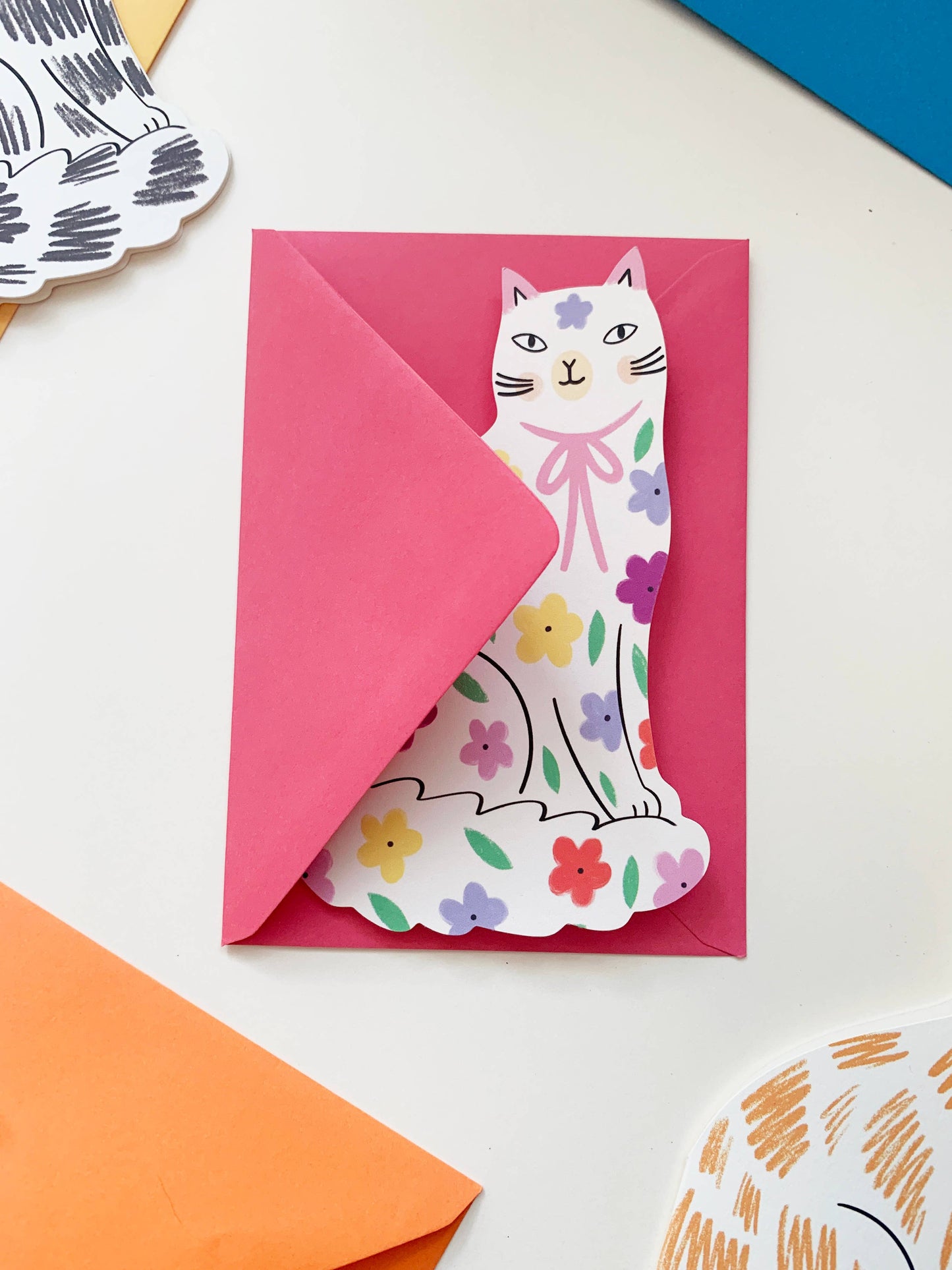 Sitting Kitty Floral Shaped Cat Greeting Card by Kitty Kenda