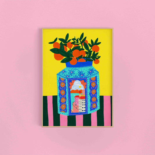 Italian Vase Art Print | Italy Antique Oranges Stripe Design