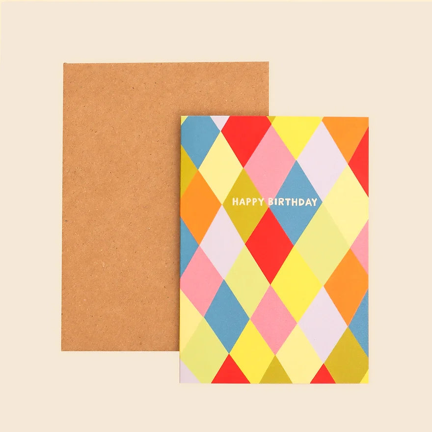 Colourful Birthday Harlequin Greeting Card by Little Black Cat