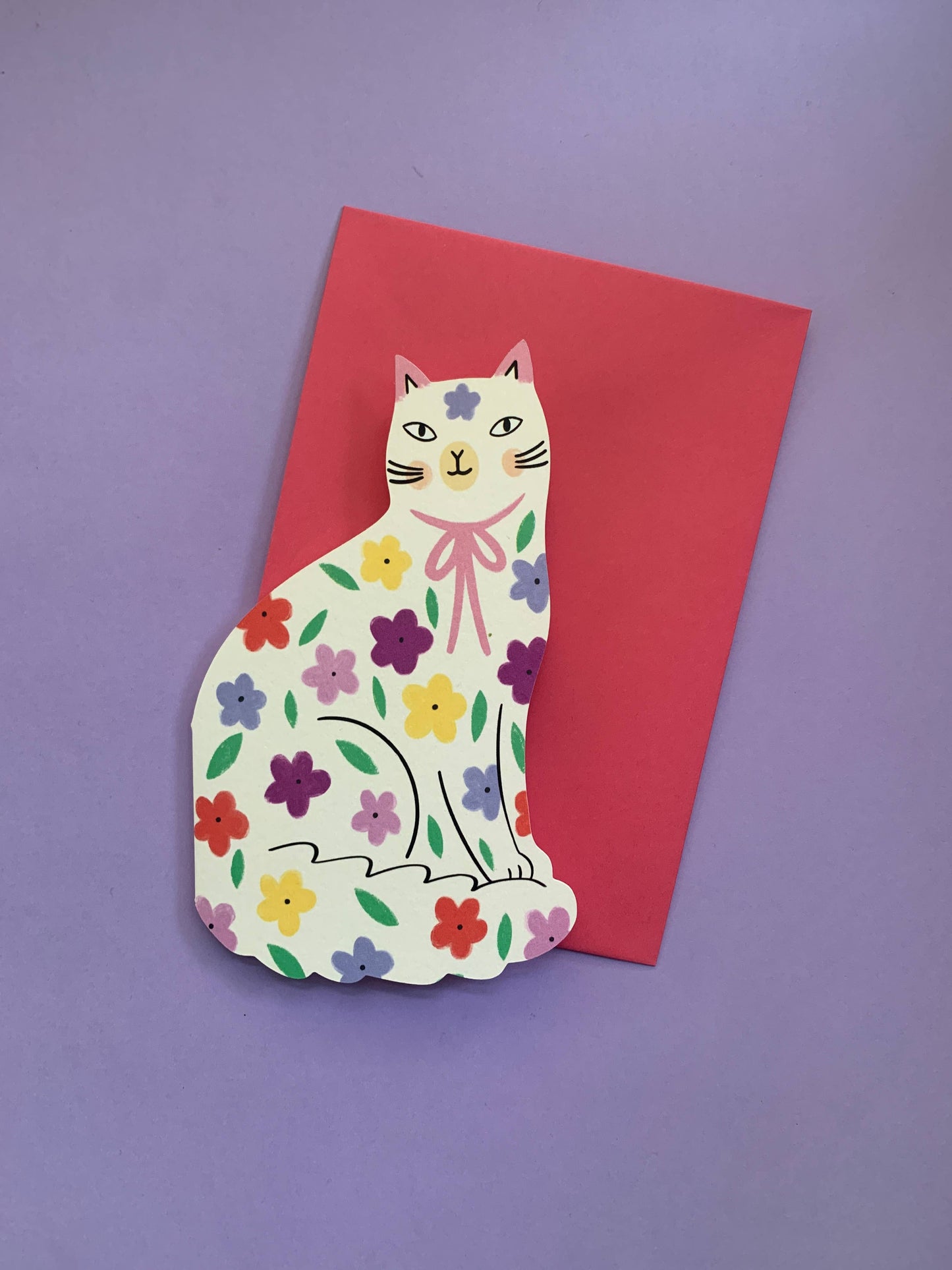 Sitting Kitty Floral Shaped Cat Greeting Card by Kitty Kenda