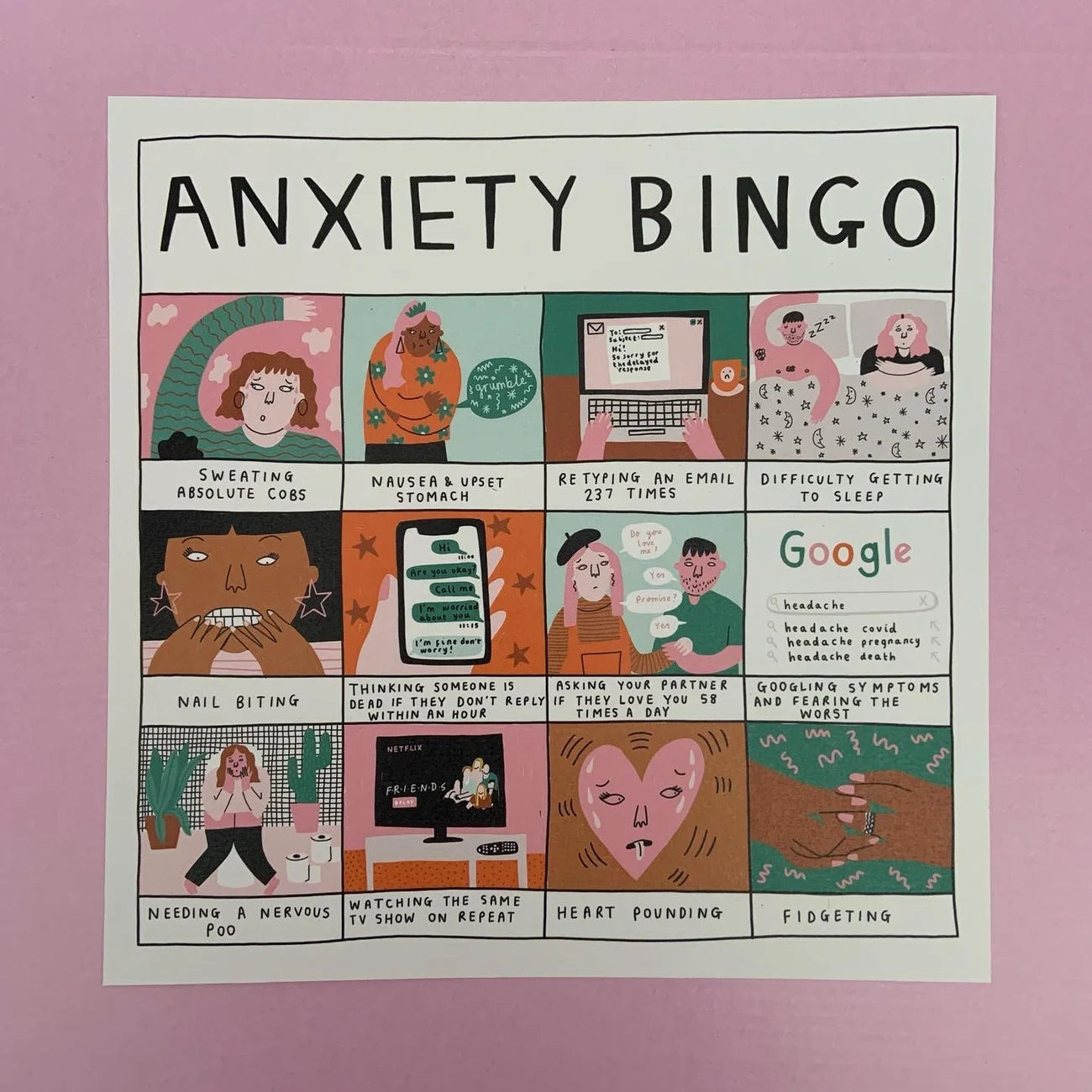 Anxiety Bingo - Square Art Print by Ellastrated