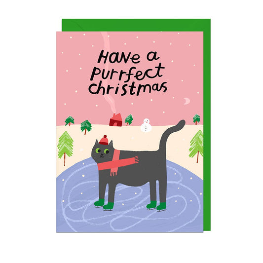 SKATING CAT CHRISTMAS GREEN ENVELOPE Card