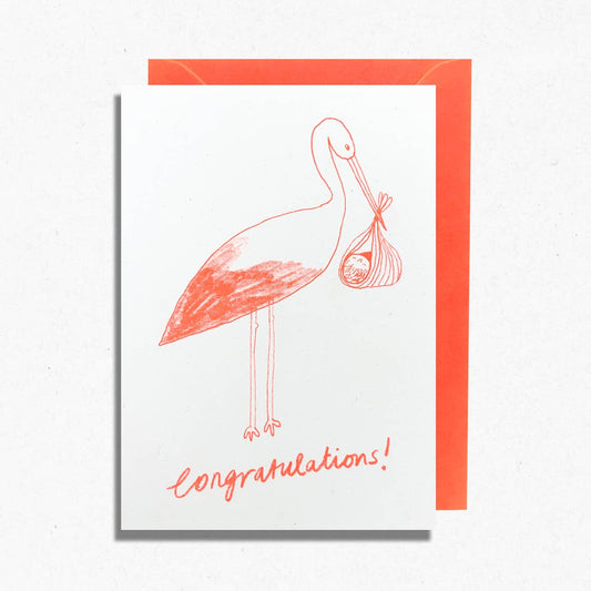 Stork New Baby Card | Risograph Printed | Fluorescent Orange