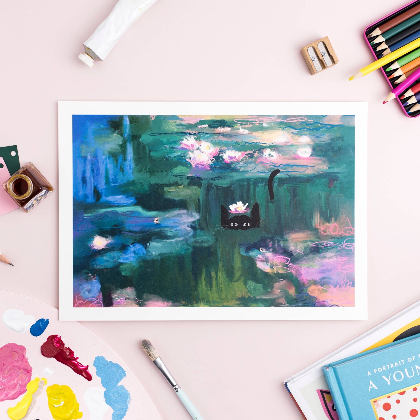 Clawed Meow Waterlily Cat Art Print