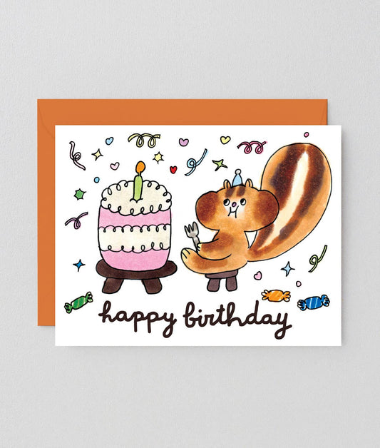 Happy Birthday Squirrel & Cake Greeting Card
