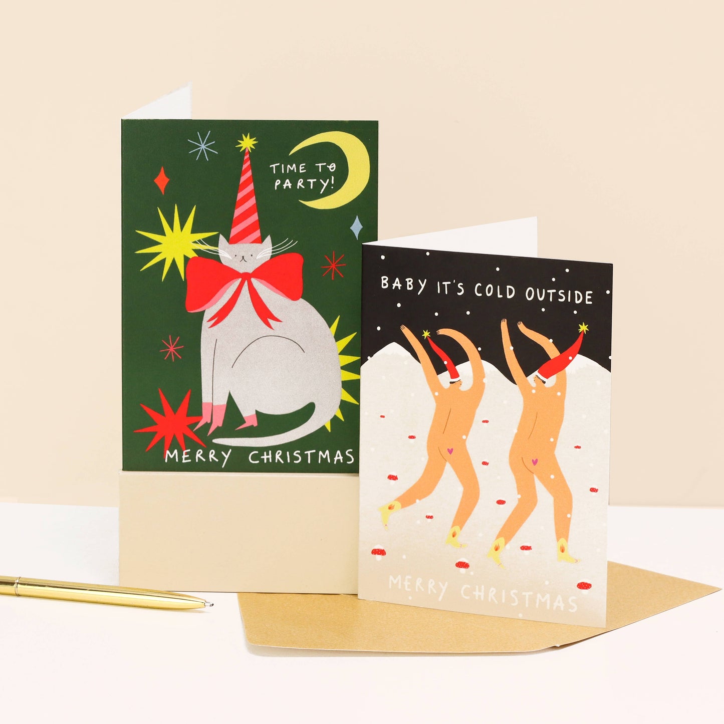Time To Party Christmas Card | Cat Card | Party Hat | Moon