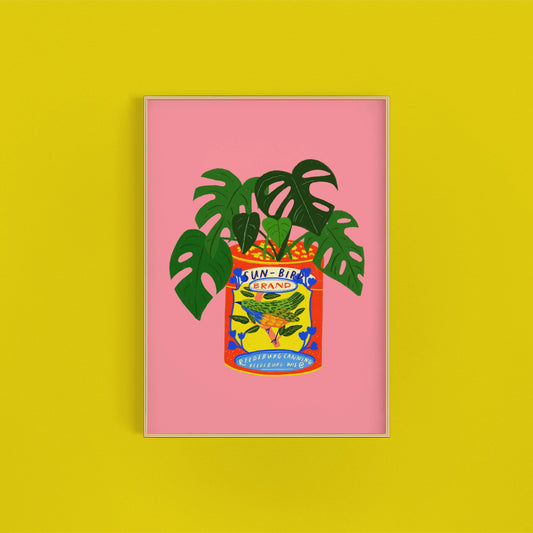 Monstera House Plant & Vintage Sun Bird Can Art Print Decor