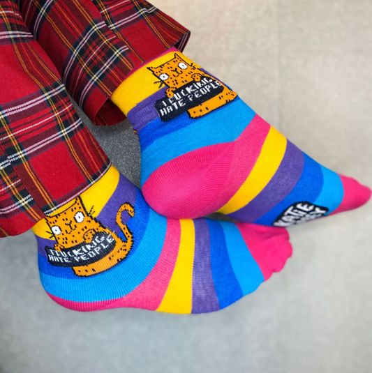 F*ing Hate People Rainbow Sweary Cat Socks by Katie Abey