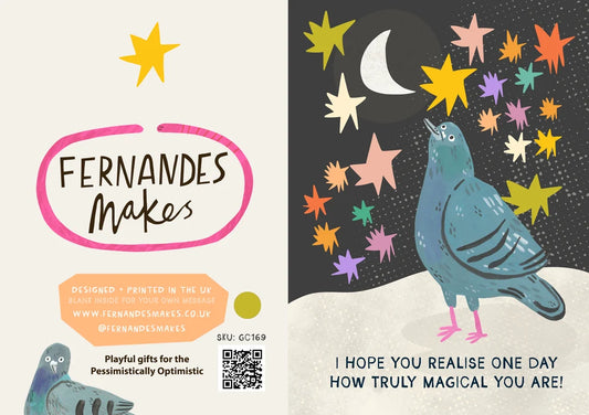 Truly Magical Pigeon + Stars greetings card