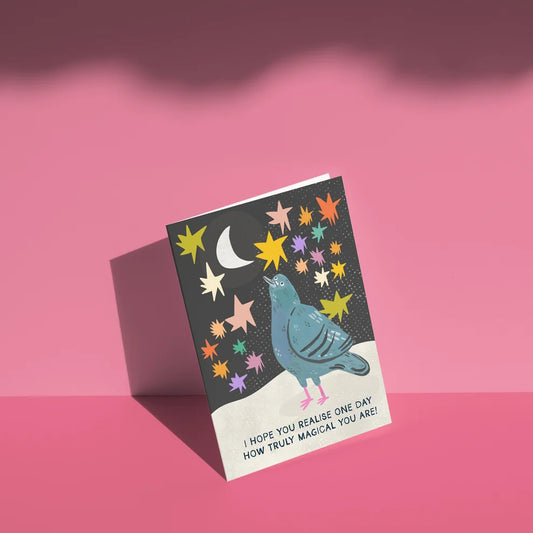 Truly Magical Pigeon + Stars greetings card