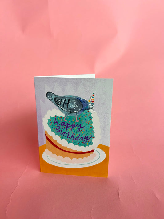 Pigeon Cake Birthday Greeting Card