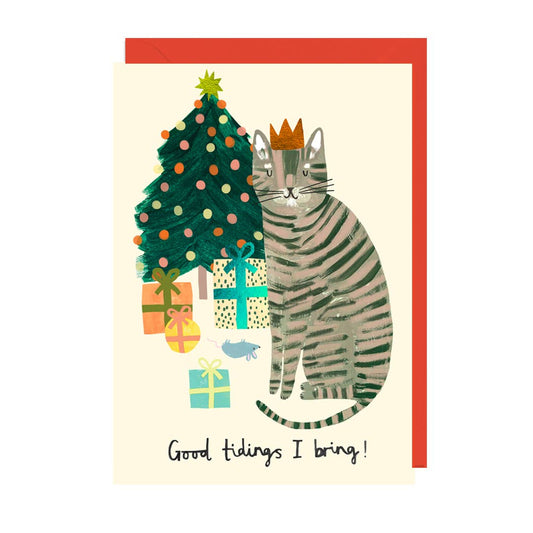 GOOD TIDINGS CAT - FOIL, RED ENVELOPE Card