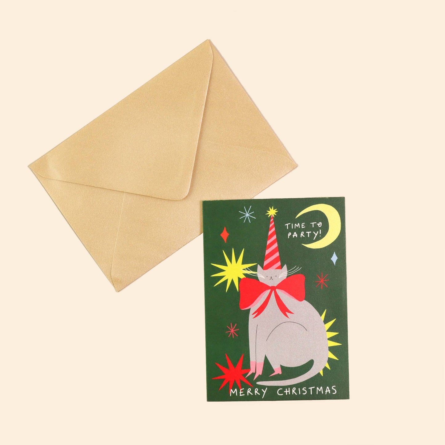 Time To Party Christmas Card | Cat Card | Party Hat | Moon