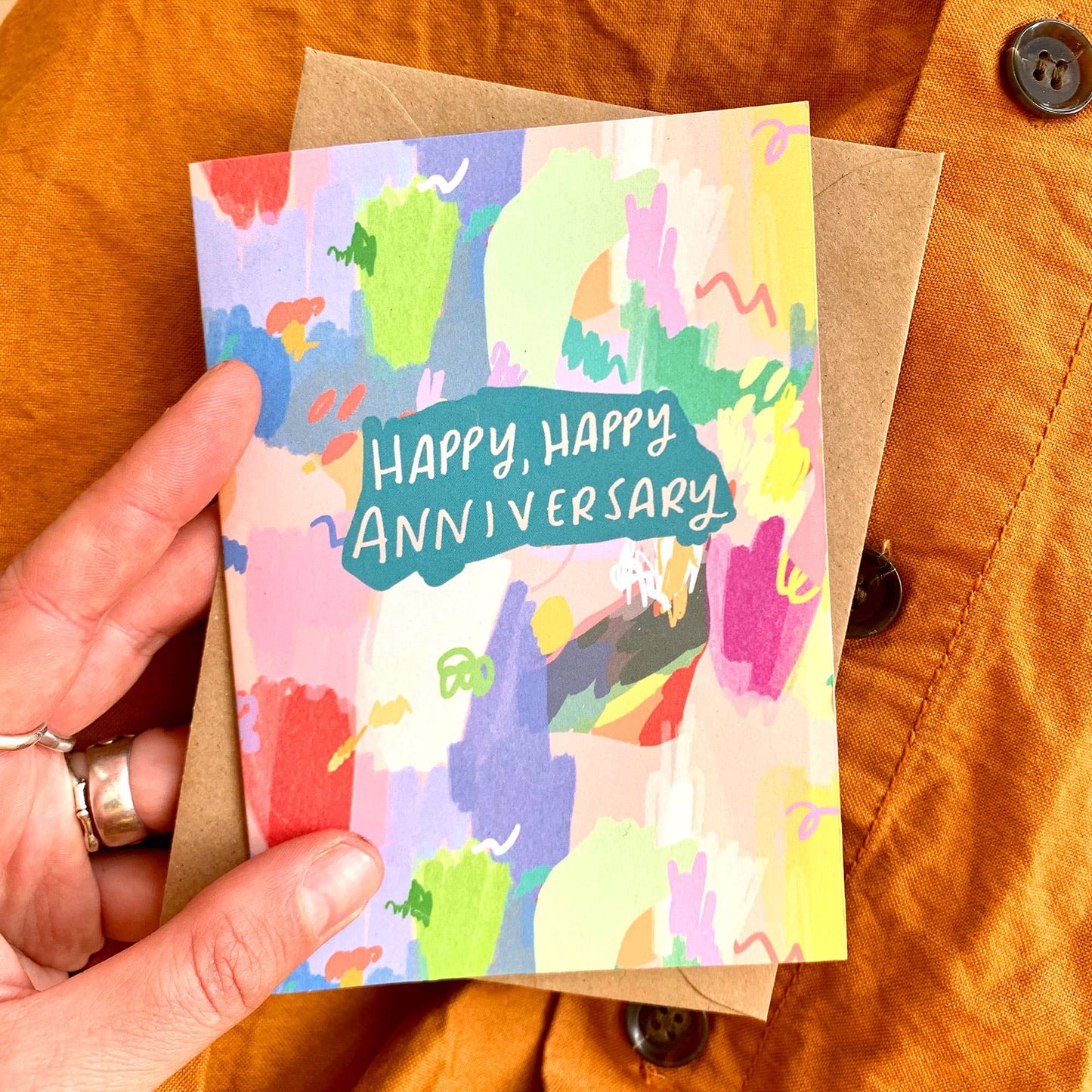 Happy, happy anniversary card colourful design scribbles by Nicola Rowlands