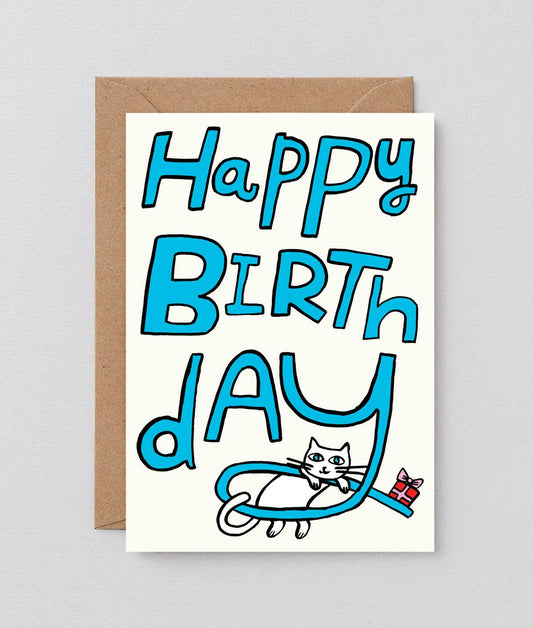 Happy Birthday Cat & Present' Embossed Greetings Card