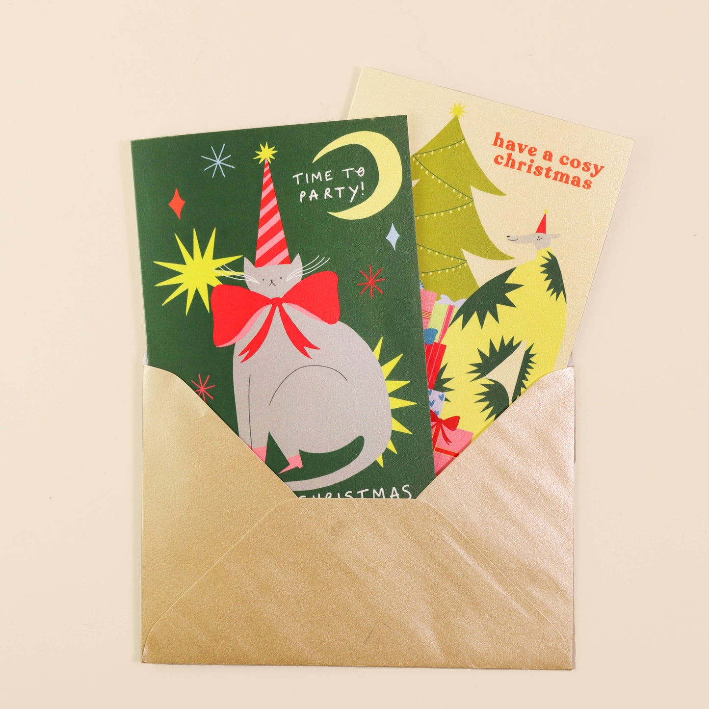 Time To Party Christmas Card | Cat Card | Party Hat | Moon