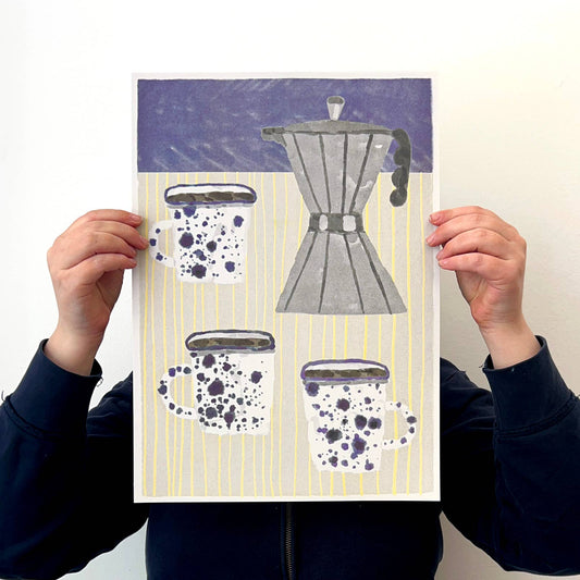 Coffee Pot & Mugs A3 Risograph Print