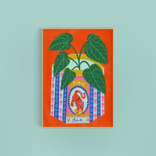 Alocasia Plant in a Vintage Tiger Tin Art Print | Houseplant