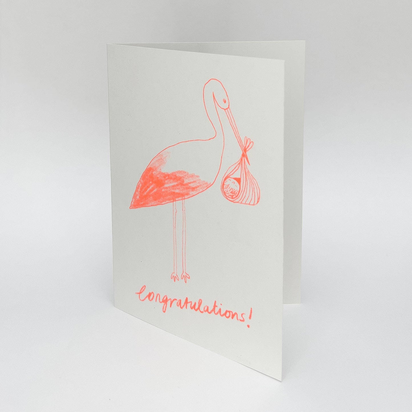 Stork New Baby Card | Risograph Printed | Fluorescent Orange