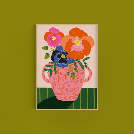 Pansies in Antique Vase Art Print Pink Green Floral Vintage