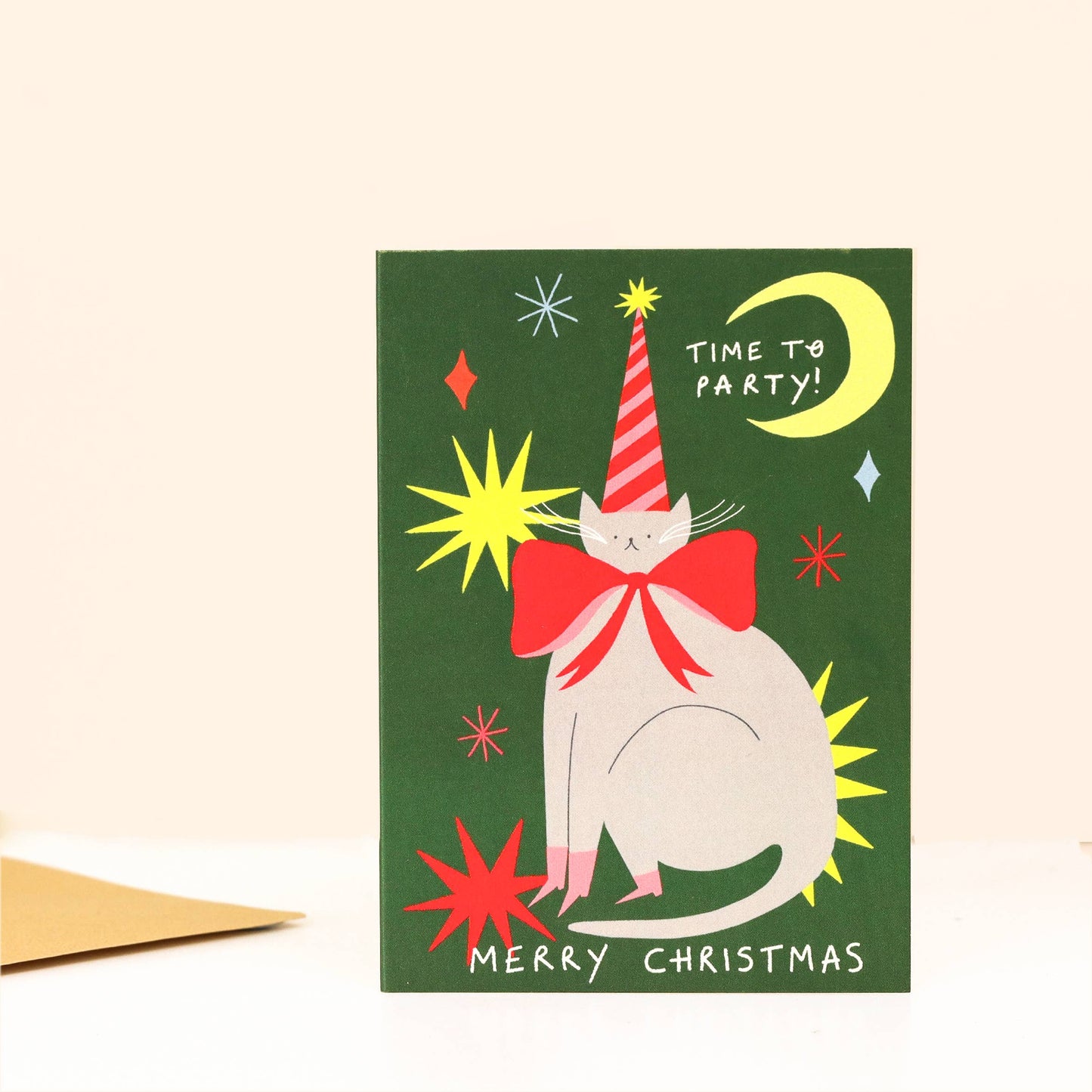 Time To Party Christmas Card | Cat Card | Party Hat | Moon