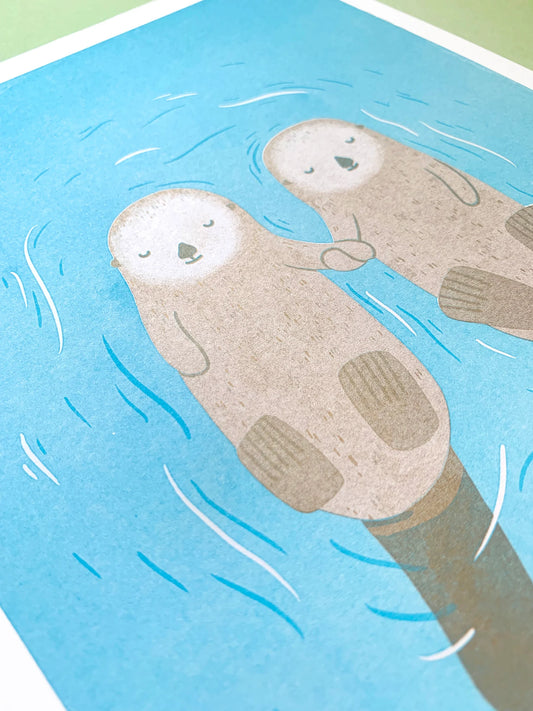 Floating Otters Risograph Print by Tom Hardwick