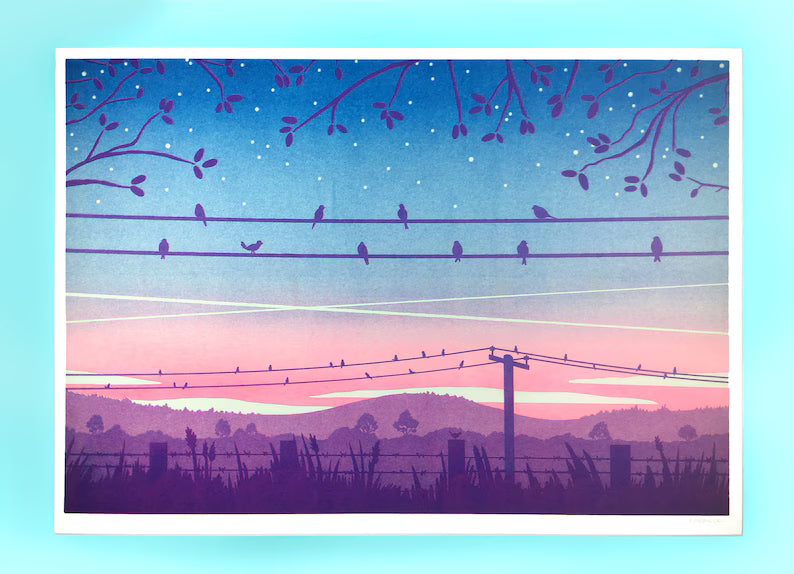 Birds at Sunrise Risograph Print by Tom Hardwick