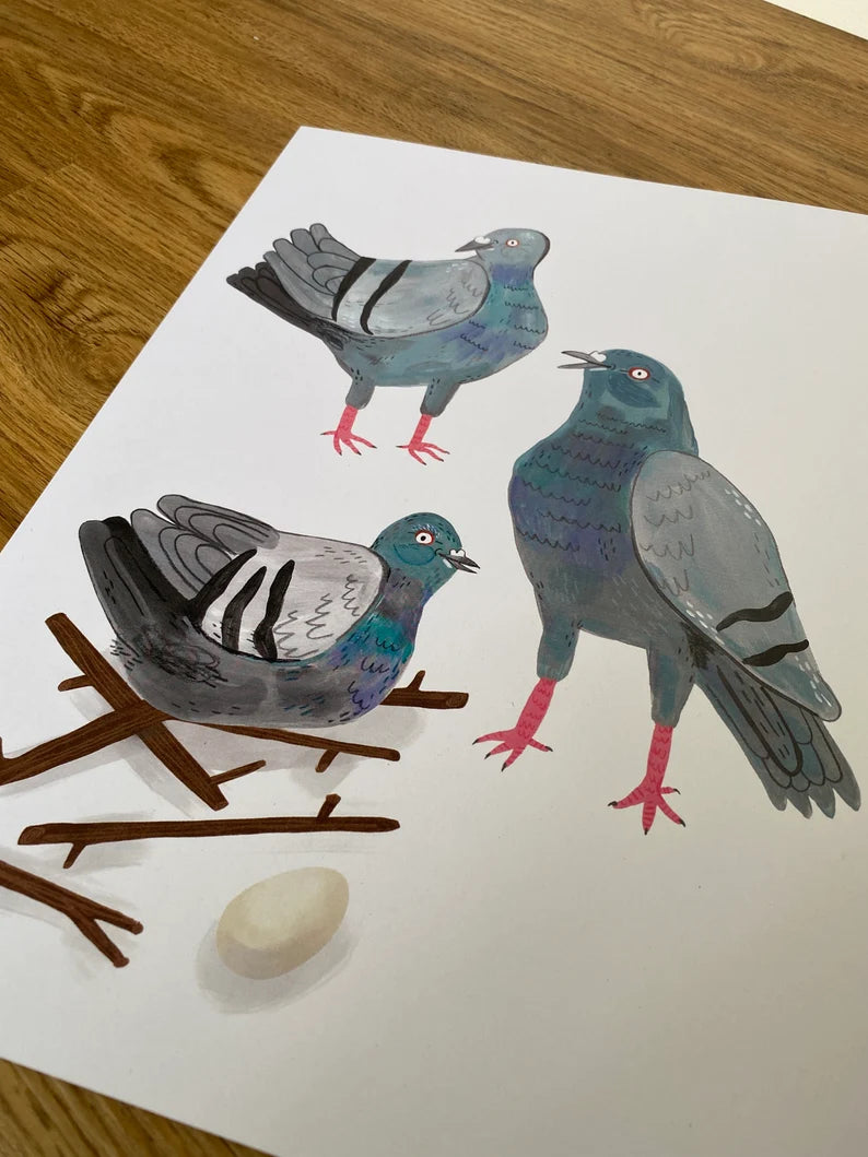 Pigeon Party Pals - A4 Art Print