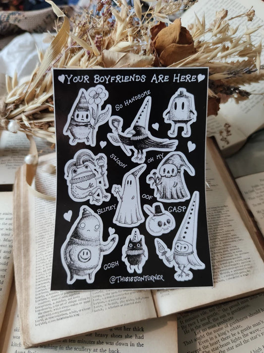 Your Boyfriends Are Here vinyl sticker sheet- collection of ten little fantasy character stickers by Jon Turner
