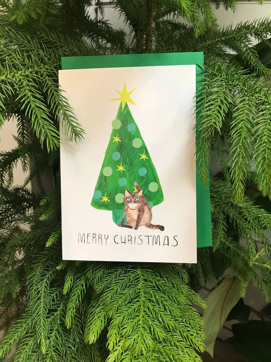 Cat Licking Christmas Greeting Card