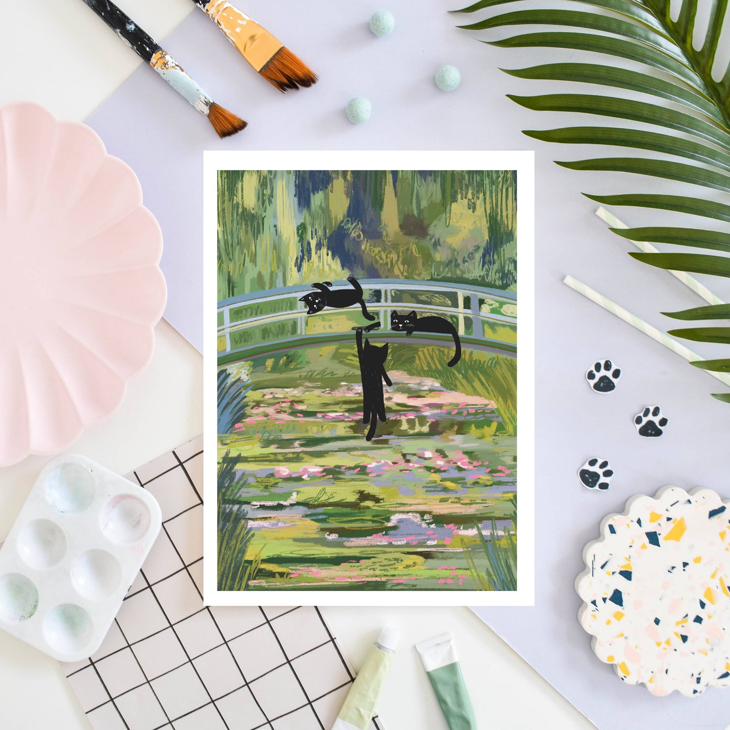 Clawed Monet cats on a bridge Art Print by Niaski