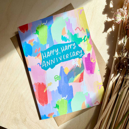 Happy, happy anniversary card colourful design scribbles by Nicola Rowlands