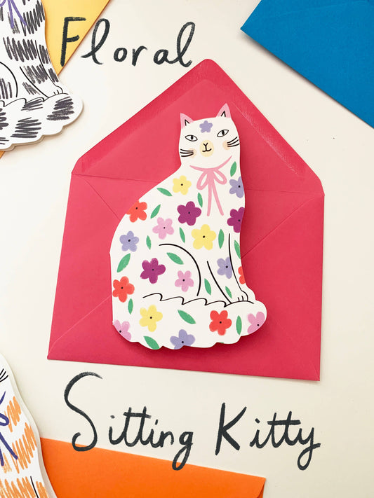 Sitting Kitty Floral Shaped Cat Greeting Card by Kitty Kenda