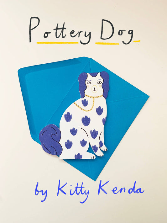 Blue Sitting Pottery Dog Shaped Card by Kitty Kenda